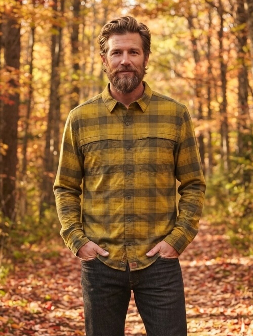 REI Co-op Yellow Brown Plaid Nylon Spandex Long Sleeve Hiking Shirt Men's XL
